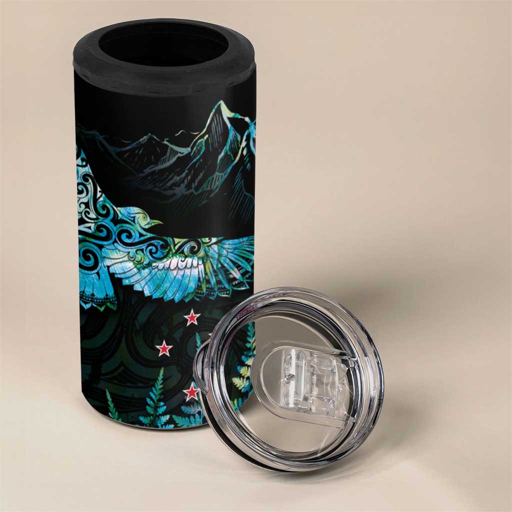 New Zealand Kea Bird 4 in 1 Can Cooler Tumbler Maori Tattoo and Silver Fern Paua Shell Style