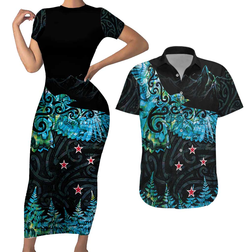 New Zealand Kea Bird Couples Matching Short Sleeve Bodycon Dress and Hawaiian Shirt Maori Tattoo and Silver Fern Paua Shell Style