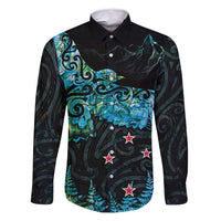 New Zealand Kea Bird Family Matching Long Sleeve Bodycon Dress and Hawaiian Shirt Maori Tattoo and Silver Fern Paua Shell Style LT03 Dad's Shirt - Long Sleeve Black - Polynesian Pride