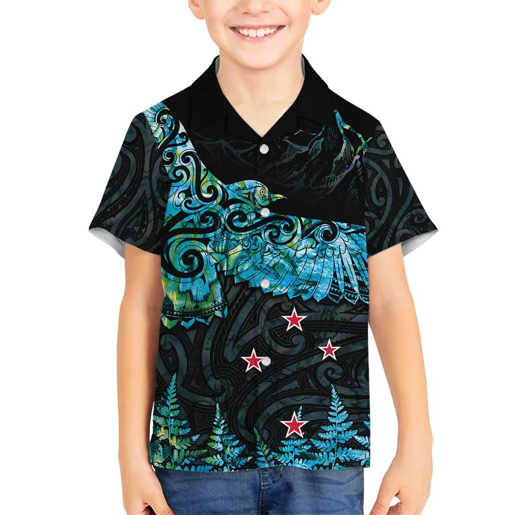 New Zealand Kea Bird Family Matching Long Sleeve Bodycon Dress and Hawaiian Shirt Maori Tattoo and Silver Fern Paua Shell Style LT03 Son's Shirt Black - Polynesian Pride