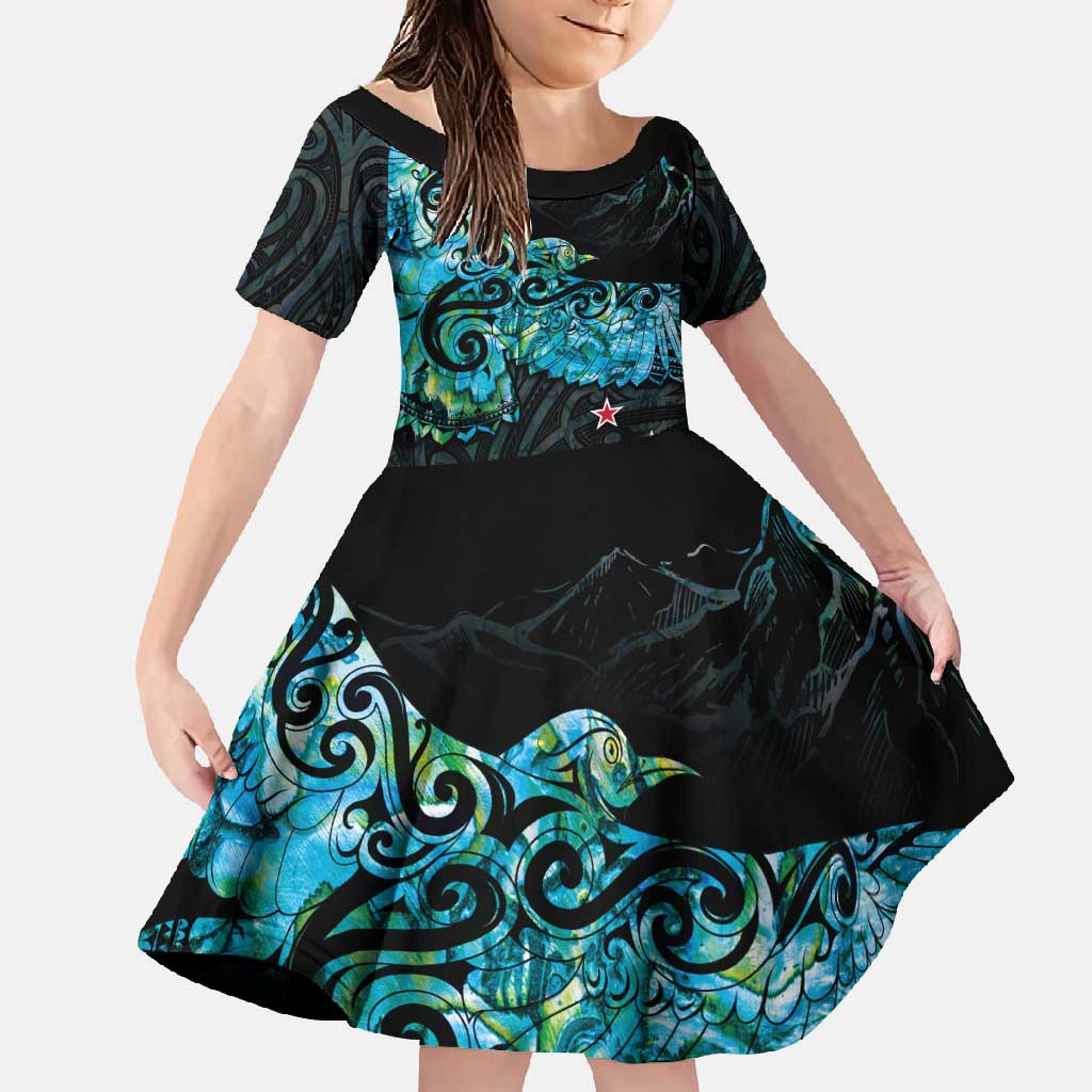 New Zealand Kea Bird Family Matching Mermaid Dress and Hawaiian Shirt Maori Tattoo and Silver Fern Paua Shell Style LT03 Daughter's Dress Black - Polynesian Pride
