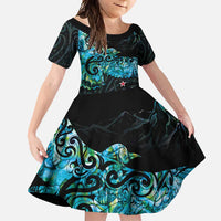 New Zealand Kea Bird Family Matching Mermaid Dress and Hawaiian Shirt Maori Tattoo and Silver Fern Paua Shell Style LT03 Daughter's Dress Black - Polynesian Pride