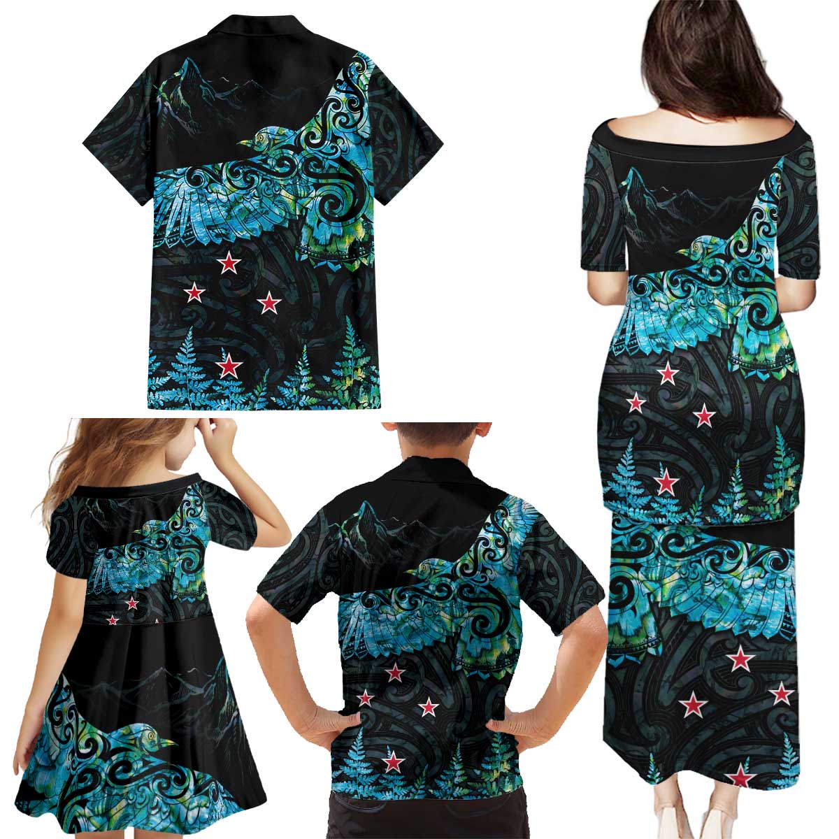 New Zealand Kea Bird Family Matching Puletasi and Hawaiian Shirt Maori Tattoo and Silver Fern Paua Shell Style LT03 - Polynesian Pride