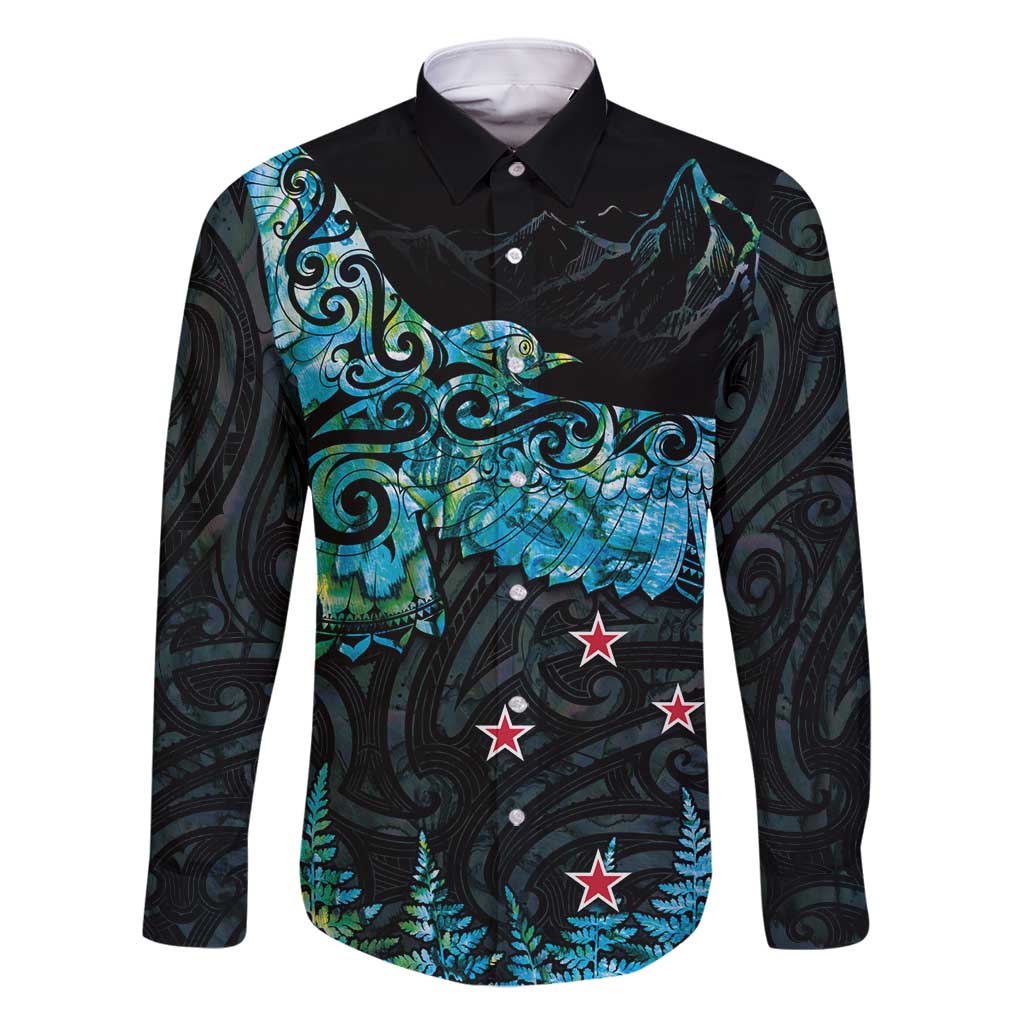 New Zealand Kea Bird Family Matching Summer Maxi Dress and Hawaiian Shirt Maori Tattoo and Silver Fern Paua Shell Style LT03 Dad's Shirt - Long Sleeve Black - Polynesian Pride