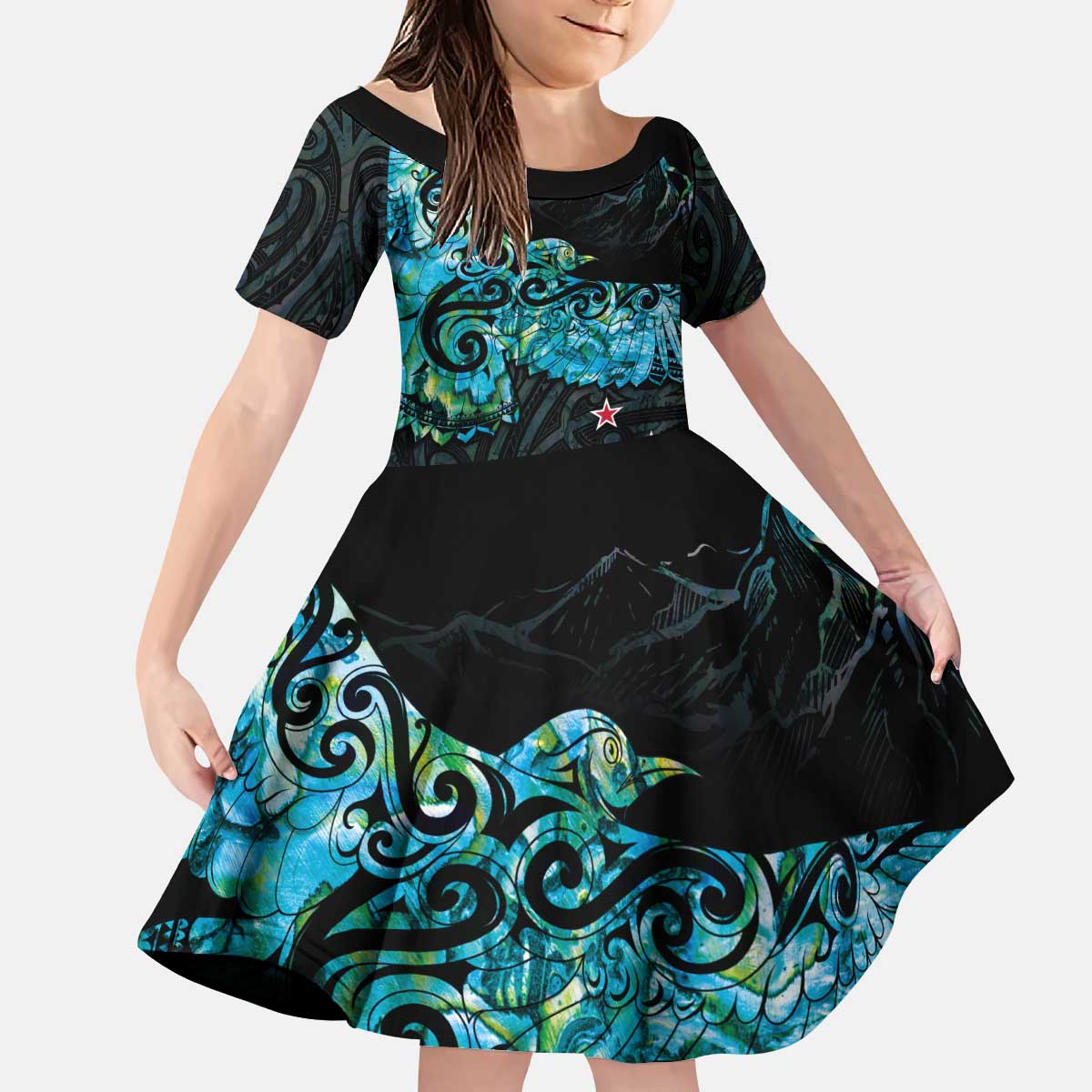 New Zealand Kea Bird Kid Short Sleeve Dress Maori Tattoo and Silver Fern Paua Shell Style LT03 KID Black - Polynesian Pride