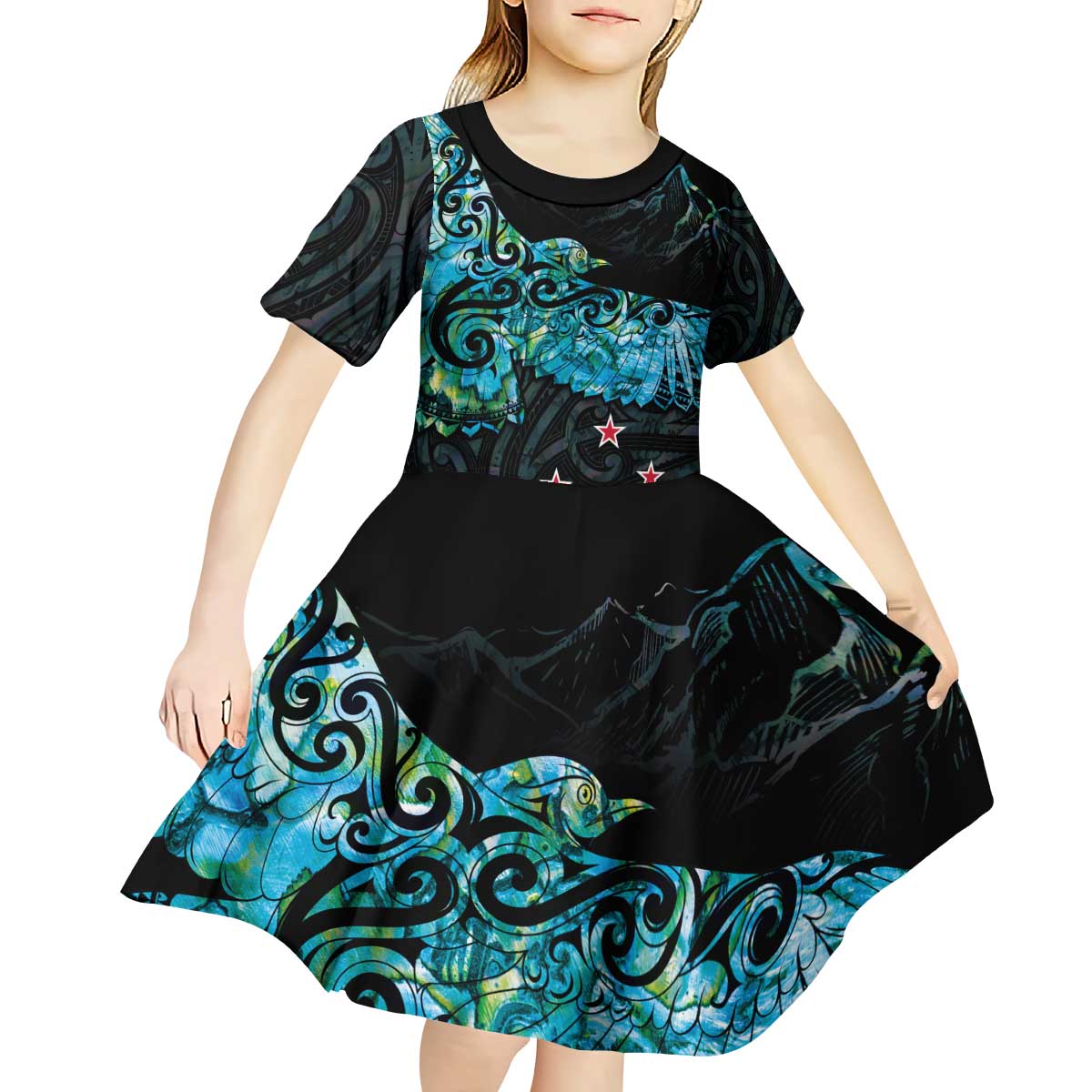 New Zealand Kea Bird Kid Short Sleeve Dress Maori Tattoo and Silver Fern Paua Shell Style LT03 - Polynesian Pride