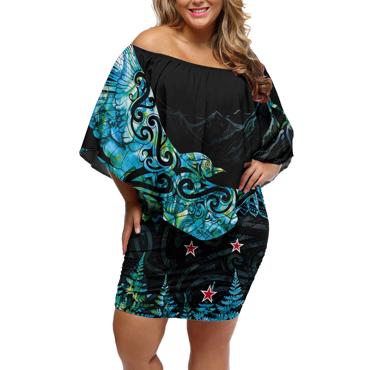 New Zealand Kea Bird Off Shoulder Short Dress Maori Tattoo and Silver Fern Paua Shell Style LT03 Women Black - Polynesian Pride