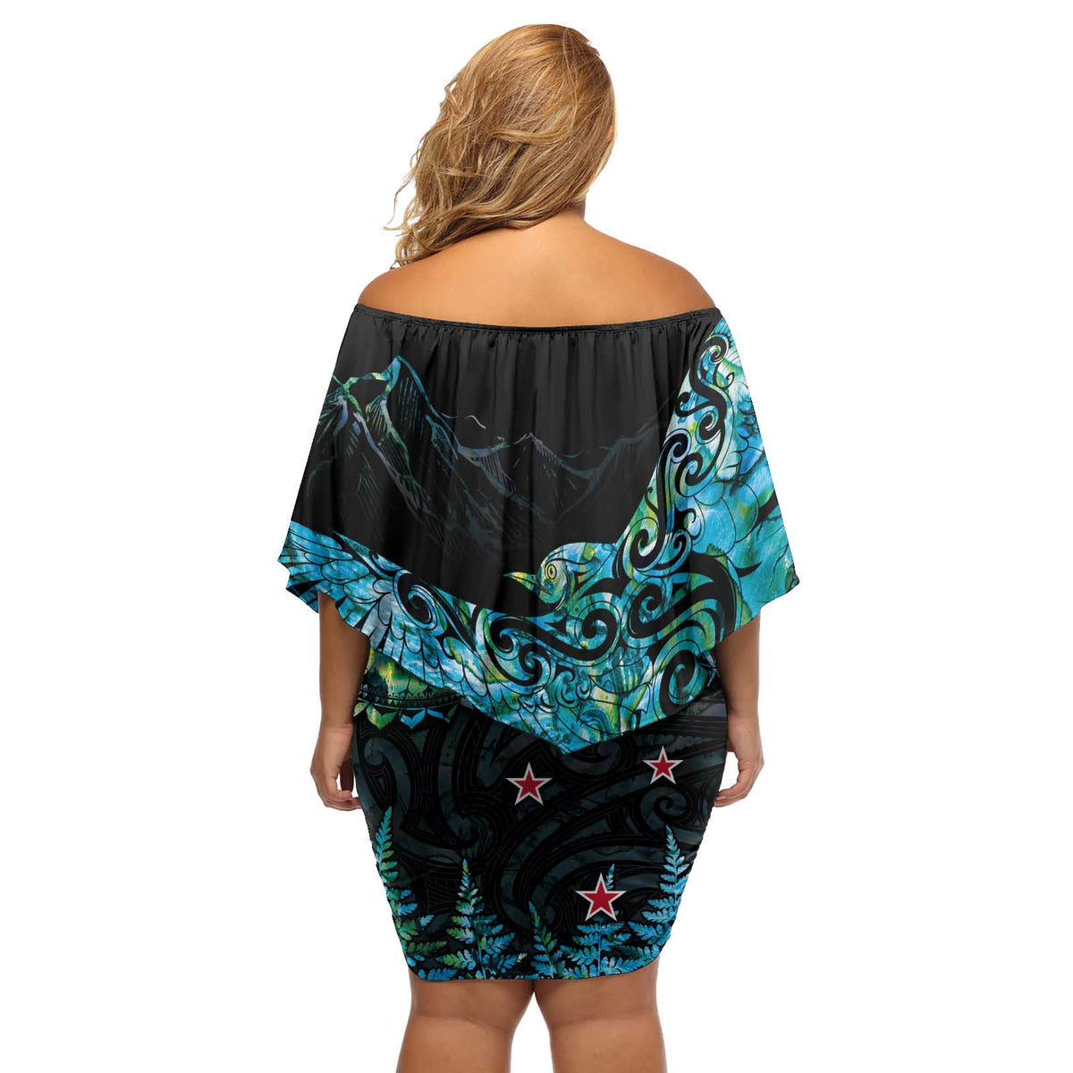 New Zealand Kea Bird Off Shoulder Short Dress Maori Tattoo and Silver Fern Paua Shell Style LT03 - Polynesian Pride