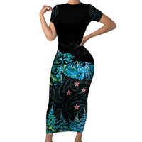 New Zealand Kea Bird Short Sleeve Bodycon Dress Maori Tattoo and Silver Fern Paua Shell Style LT03 Long Dress Black - Polynesian Pride