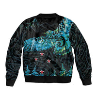 New Zealand Kea Bird Sleeve Zip Bomber Jacket Maori Tattoo and Silver Fern Paua Shell Style