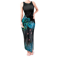 New Zealand Kea Bird Tank Maxi Dress Maori Tattoo and Silver Fern Paua Shell Style LT03 Women Black - Polynesian Pride
