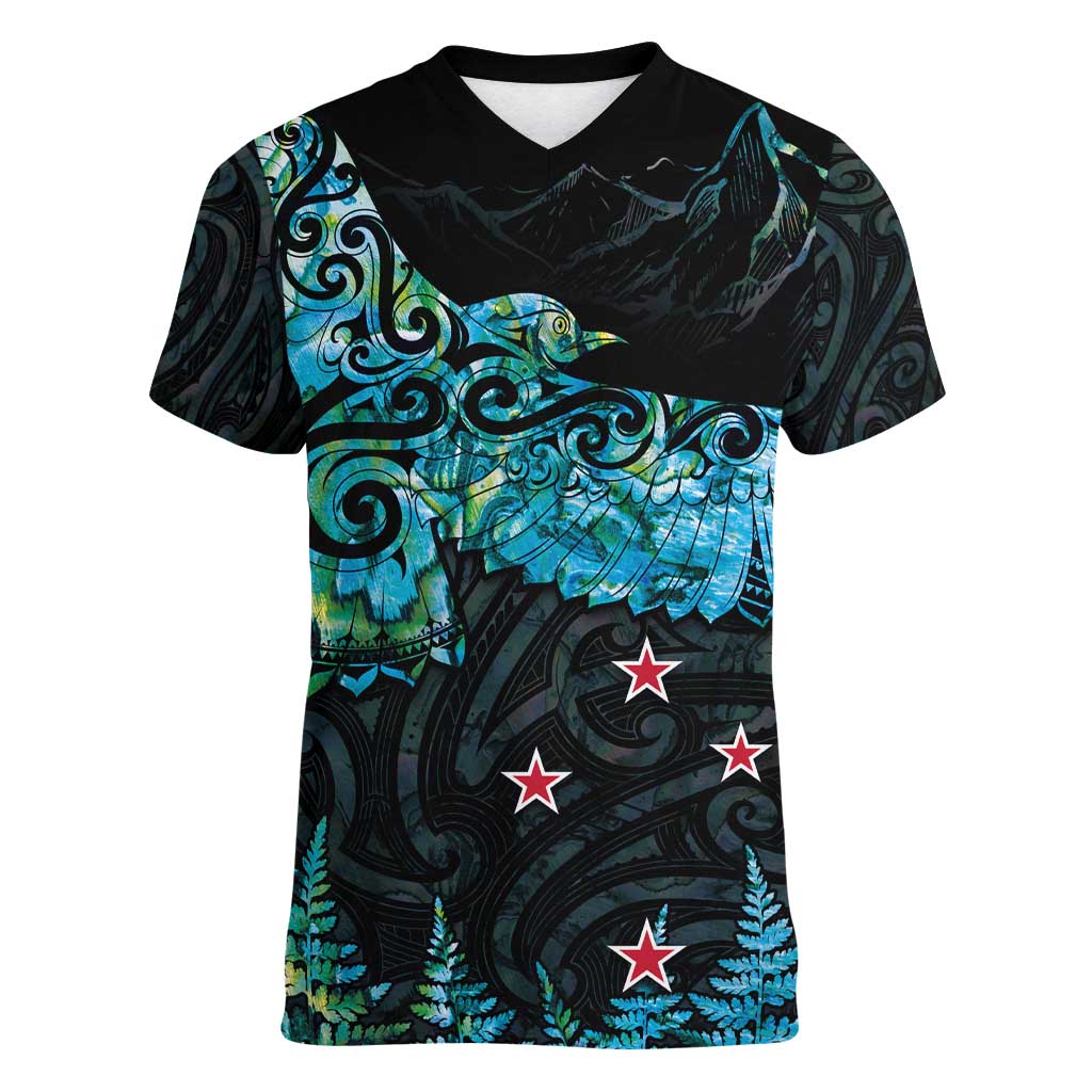 New Zealand Kea Bird Women V-Neck T-Shirt Maori Tattoo and Silver Fern Paua Shell Style LT03 Female Black - Polynesian Pride