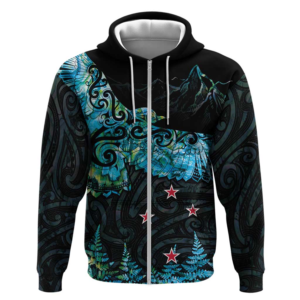 New Zealand Kea Bird Zip Hoodie Maori Tattoo and Silver Fern Paua Shell Style LT03 Zip Hoodie Black - Polynesian Pride