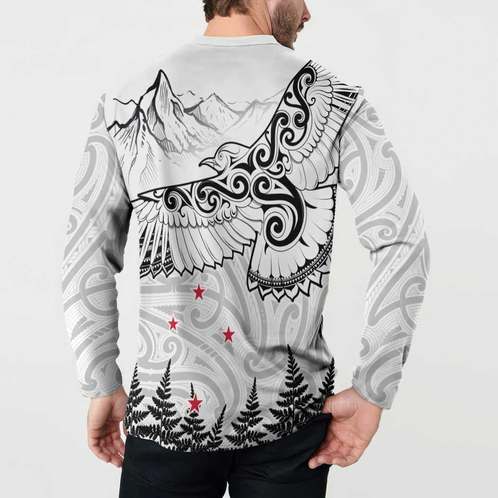 New Zealand Kea Bird Button Sweatshirt Maori Tattoo and Silver Fern White Color