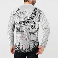 New Zealand Kea Bird Button Sweatshirt Maori Tattoo and Silver Fern White Color