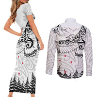 New Zealand Kea Bird Couples Matching Short Sleeve Bodycon Dress and Long Sleeve Button Shirt Maori Tattoo and Silver Fern White Color