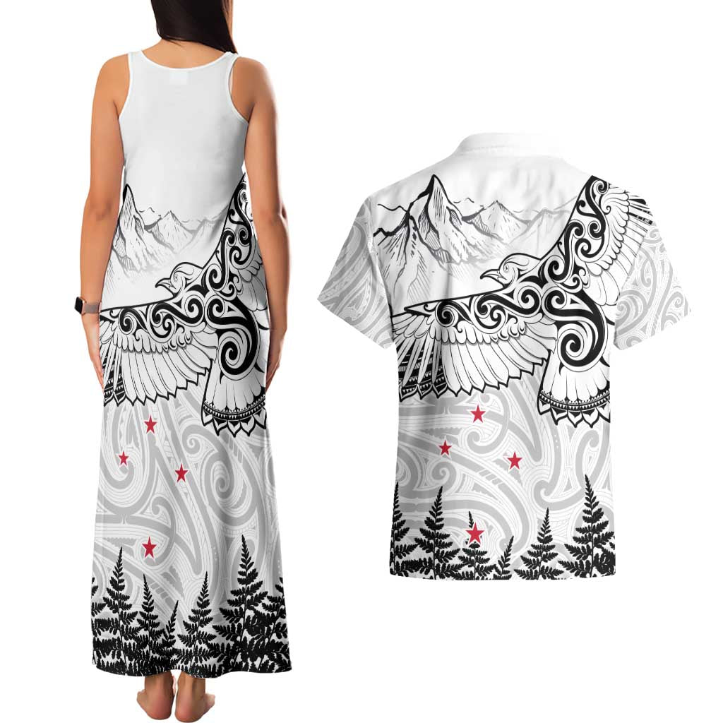 New Zealand Kea Bird Couples Matching Tank Maxi Dress and Hawaiian Shirt Maori Tattoo and Silver Fern White Color