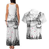 New Zealand Kea Bird Couples Matching Tank Maxi Dress and Hawaiian Shirt Maori Tattoo and Silver Fern White Color