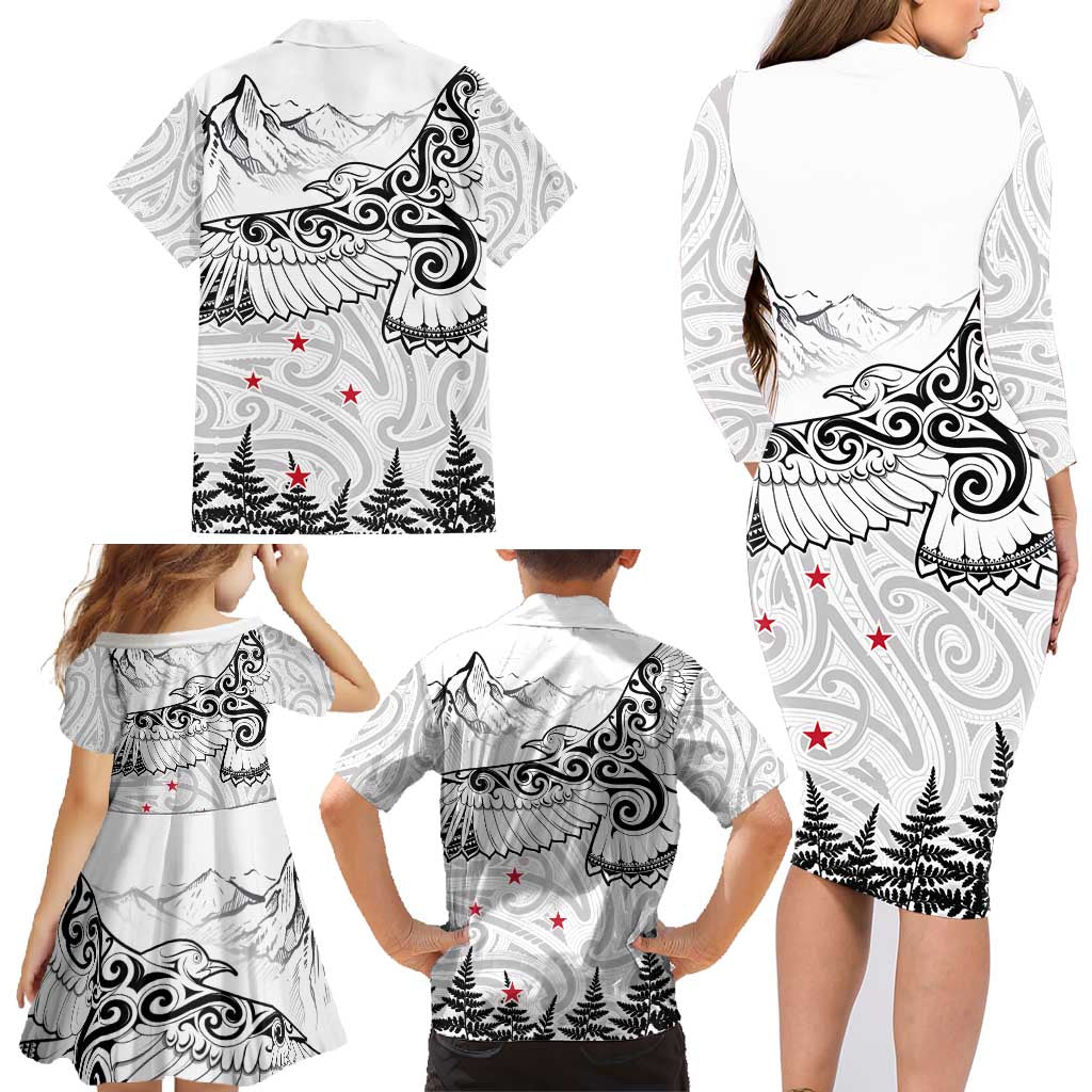 New Zealand Kea Bird Family Matching Long Sleeve Bodycon Dress and Hawaiian Shirt Maori Tattoo and Silver Fern White Color LT03 - Polynesian Pride