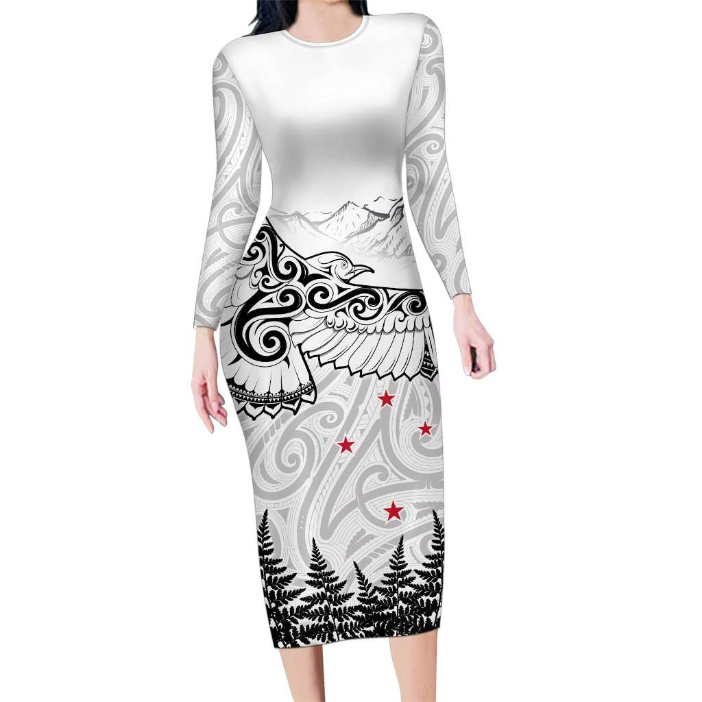New Zealand Kea Bird Family Matching Long Sleeve Bodycon Dress and Hawaiian Shirt Maori Tattoo and Silver Fern White Color LT03 Mom's Dress White - Polynesian Pride