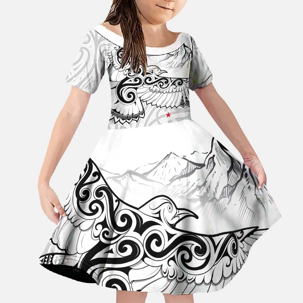 New Zealand Kea Bird Family Matching Mermaid Dress and Hawaiian Shirt Maori Tattoo and Silver Fern White Color LT03 Daughter's Dress White - Polynesian Pride