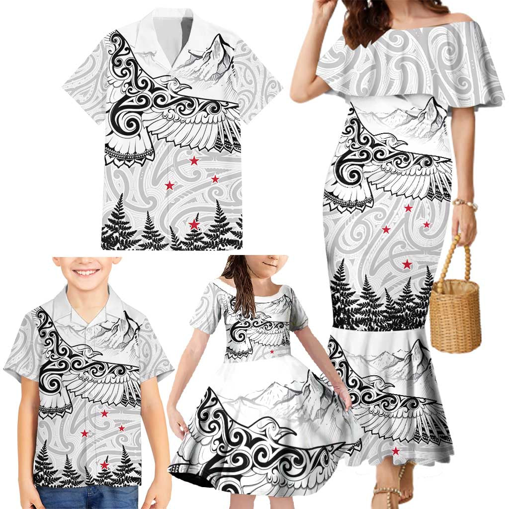 New Zealand Kea Bird Family Matching Mermaid Dress and Hawaiian Shirt Maori Tattoo and Silver Fern White Color LT03 - Polynesian Pride