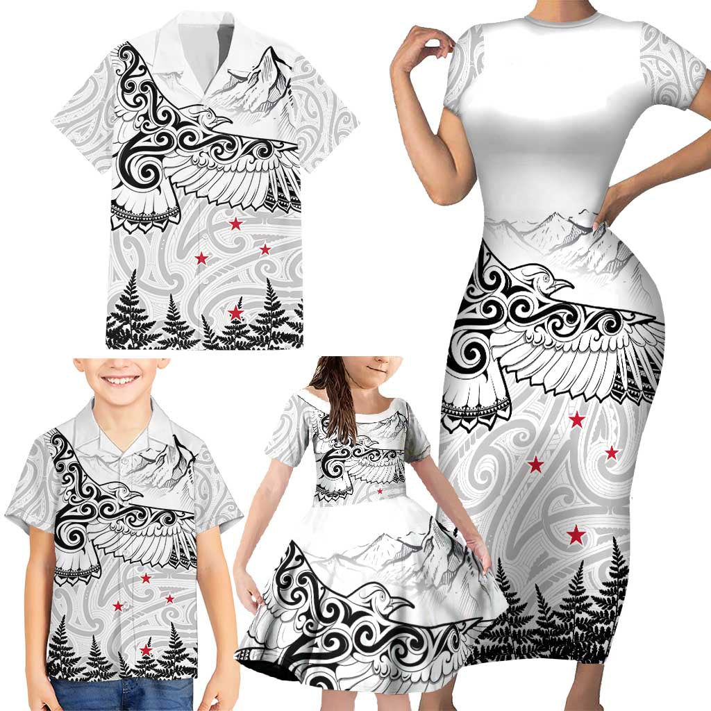 New Zealand Kea Bird Family Matching Short Sleeve Bodycon Dress and Hawaiian Shirt Maori Tattoo and Silver Fern White Color LT03 - Polynesian Pride