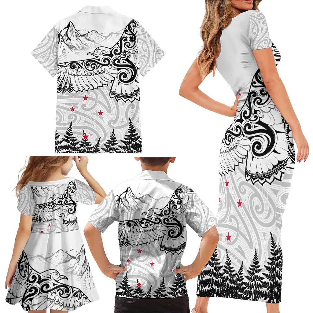 New Zealand Kea Bird Family Matching Short Sleeve Bodycon Dress and Hawaiian Shirt Maori Tattoo and Silver Fern White Color LT03 - Polynesian Pride