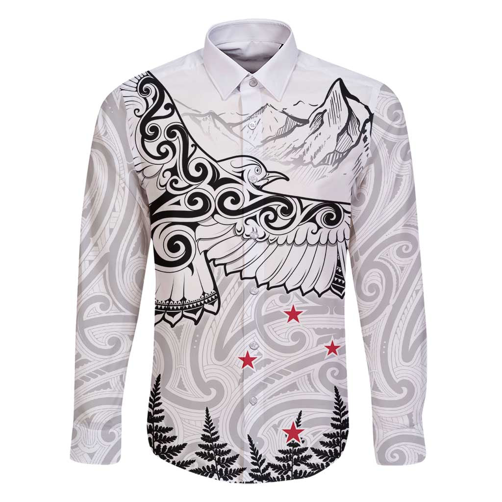 New Zealand Kea Bird Family Matching Summer Maxi Dress and Hawaiian Shirt Maori Tattoo and Silver Fern White Color LT03 Dad's Shirt - Long Sleeve White - Polynesian Pride