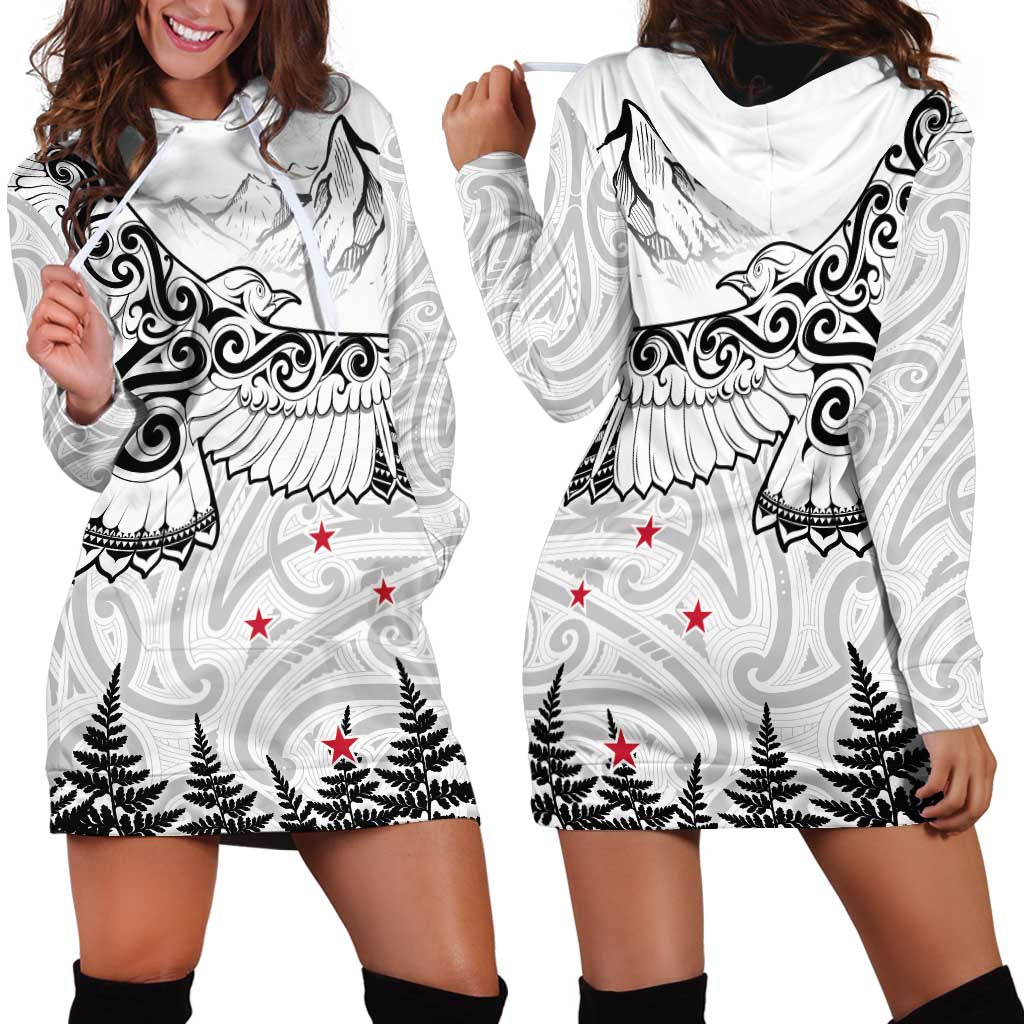 New Zealand Kea Bird Hoodie Dress Maori Tattoo and Silver Fern White Color LT03 - Polynesian Pride