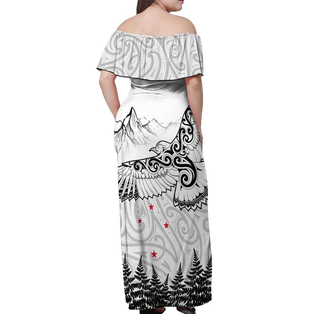New Zealand Kea Bird Off Shoulder Maxi Dress Maori Tattoo and Silver Fern White Color LT03 - Polynesian Pride