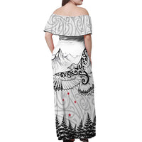 New Zealand Kea Bird Off Shoulder Maxi Dress Maori Tattoo and Silver Fern White Color LT03 - Polynesian Pride