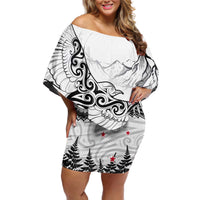 New Zealand Kea Bird Off Shoulder Short Dress Maori Tattoo and Silver Fern White Color LT03 Women White - Polynesian Pride