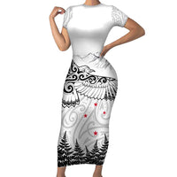 New Zealand Kea Bird Short Sleeve Bodycon Dress Maori Tattoo and Silver Fern White Color LT03 Long Dress White - Polynesian Pride