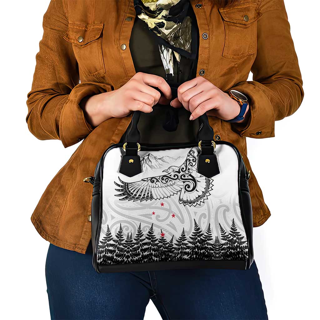 New Zealand Kea Bird Shoulder Handbag Maori Tattoo and Silver Fern White Color