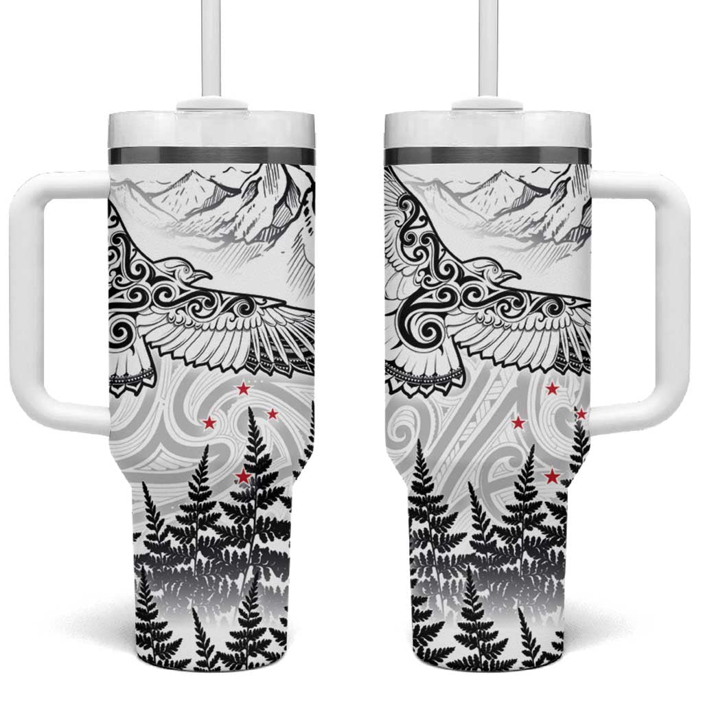 New Zealand Kea Bird Tumbler With Handle Maori Tattoo and Silver Fern White Color