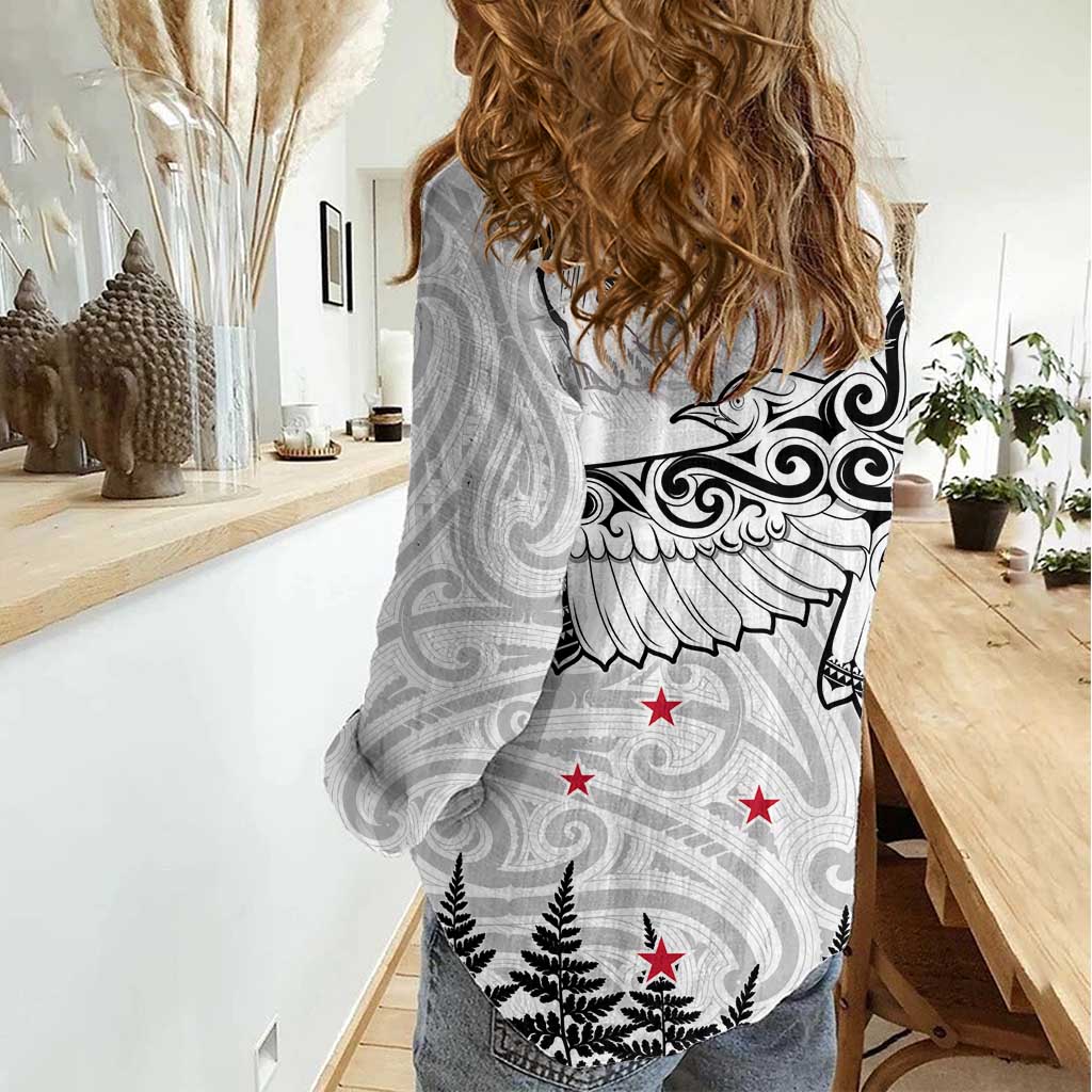 New Zealand Kea Bird Women Casual Shirt Maori Tattoo and Silver Fern White Color