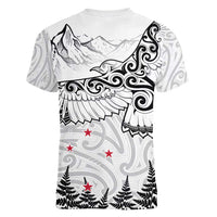New Zealand Kea Bird Women V-Neck T-Shirt Maori Tattoo and Silver Fern White Color LT03 - Polynesian Pride