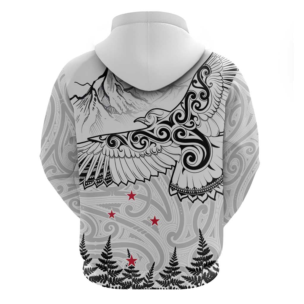 New Zealand Kea Bird Zip Hoodie Maori Tattoo and Silver Fern White Color LT03 - Polynesian Pride