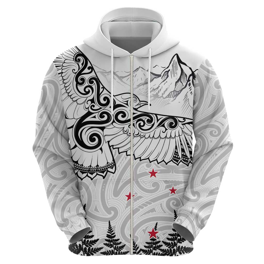New Zealand Kea Bird Zip Hoodie Maori Tattoo and Silver Fern White Color LT03 - Polynesian Pride