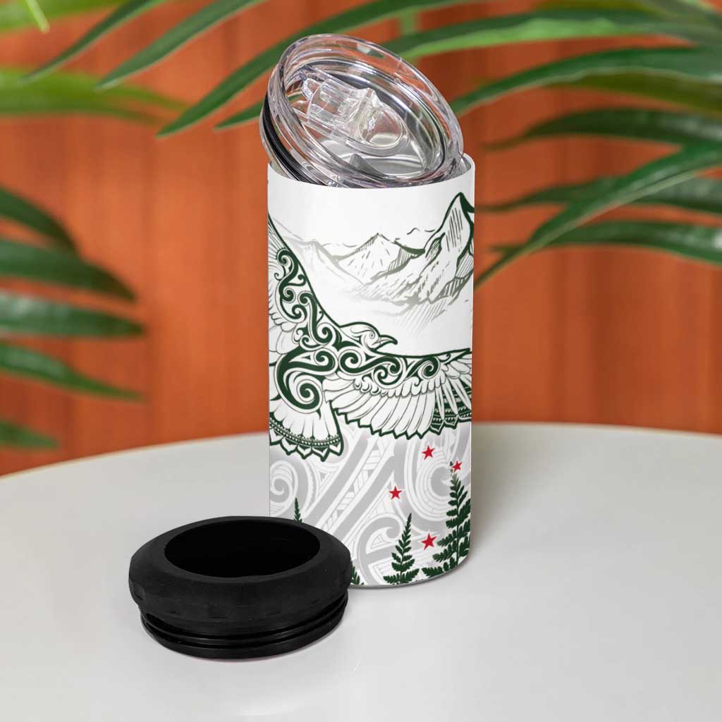 New Zealand Kea Bird 4 in 1 Can Cooler Tumbler Maori Tattoo and Silver Fern Green Color