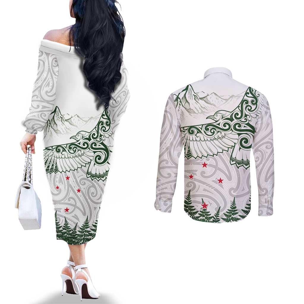 New Zealand Kea Bird Couples Matching Off The Shoulder Long Sleeve Dress and Long Sleeve Button Shirt Maori Tattoo and Silver Fern Green Color