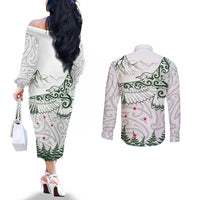 New Zealand Kea Bird Couples Matching Off The Shoulder Long Sleeve Dress and Long Sleeve Button Shirt Maori Tattoo and Silver Fern Green Color