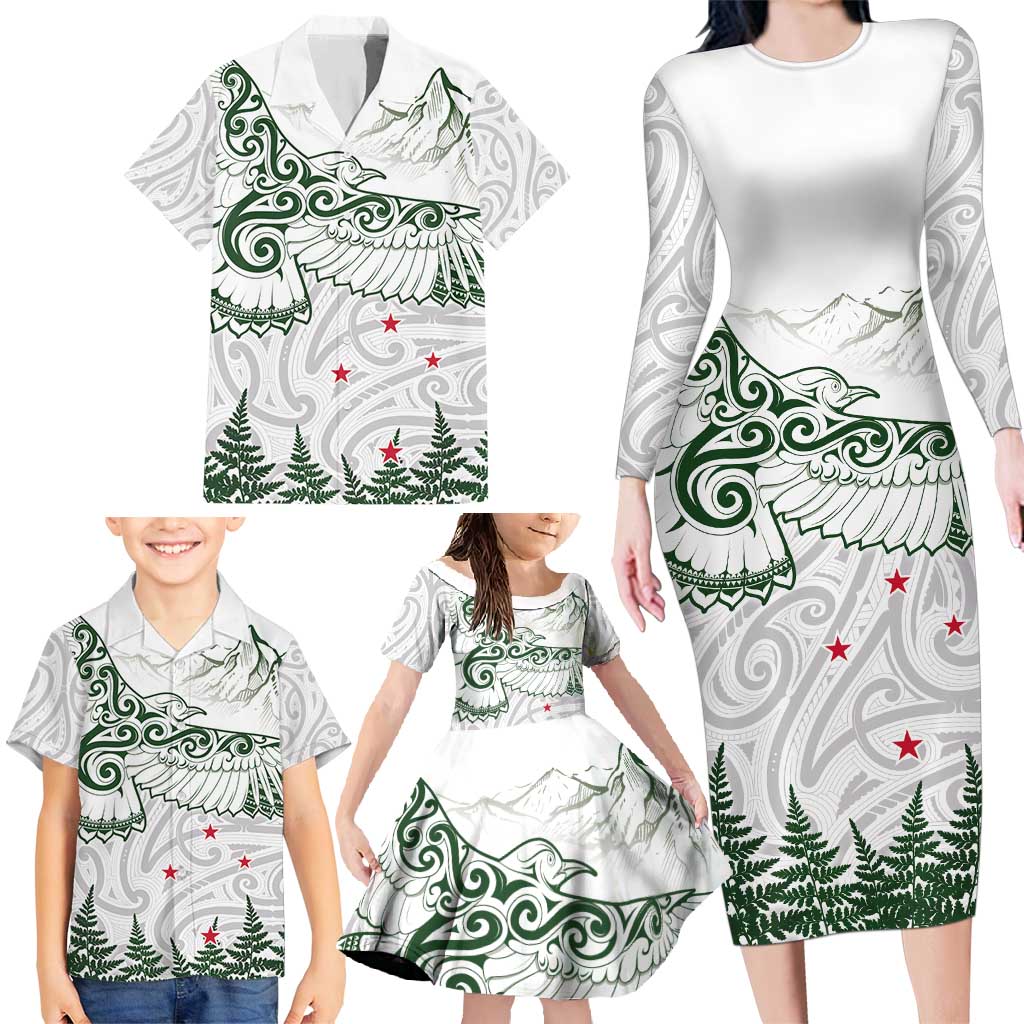 New Zealand Kea Bird Family Matching Long Sleeve Bodycon Dress and Hawaiian Shirt Maori Tattoo and Silver Fern Green Color LT03 - Polynesian Pride