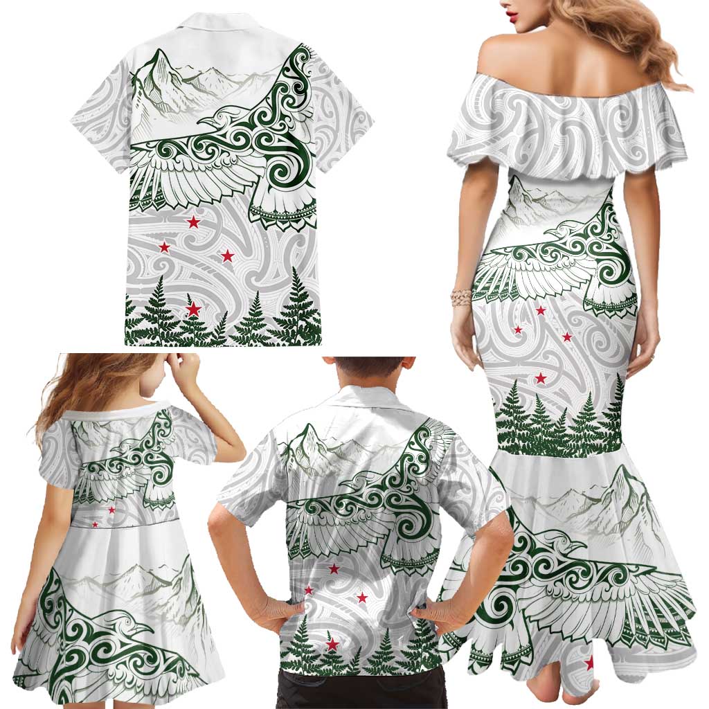 New Zealand Kea Bird Family Matching Mermaid Dress and Hawaiian Shirt Maori Tattoo and Silver Fern Green Color LT03 - Polynesian Pride