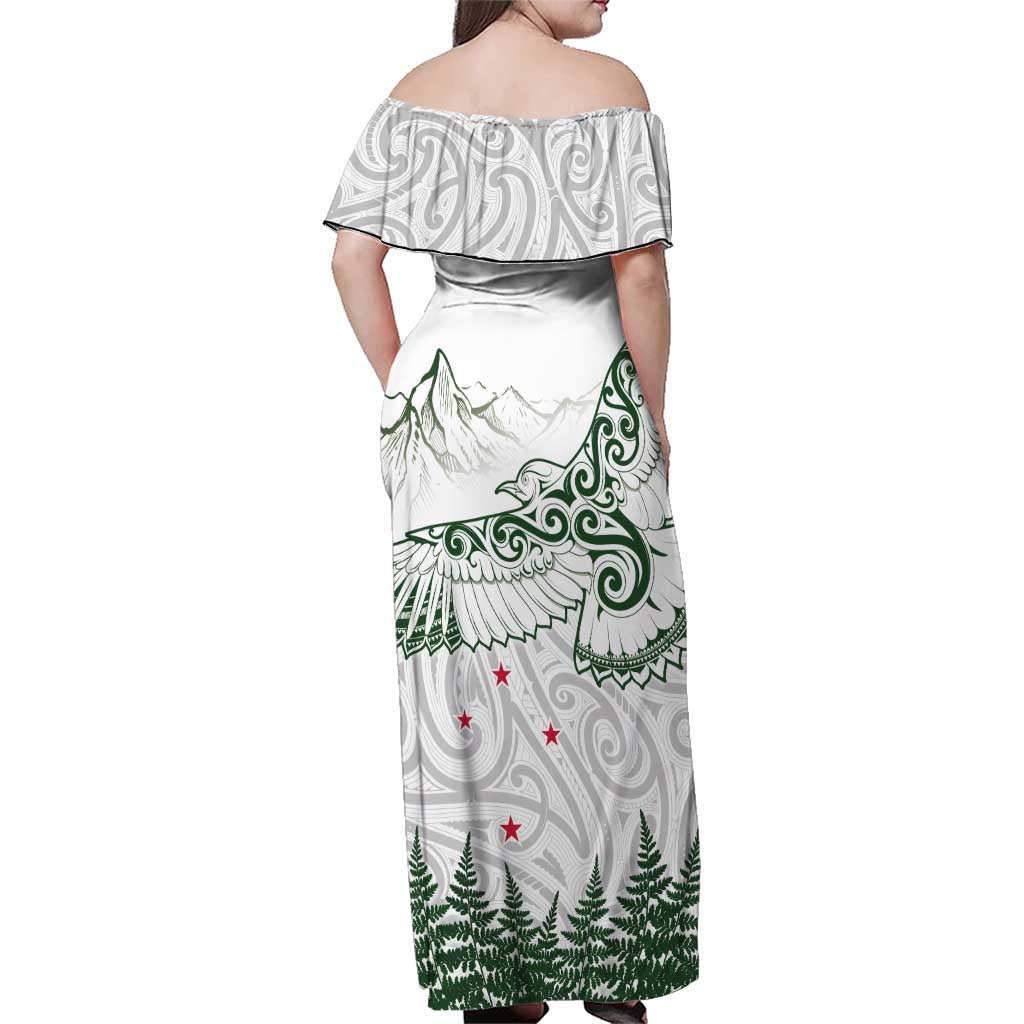 New Zealand Kea Bird Family Matching Off Shoulder Maxi Dress and Hawaiian Shirt Maori Tattoo and Silver Fern Green Color