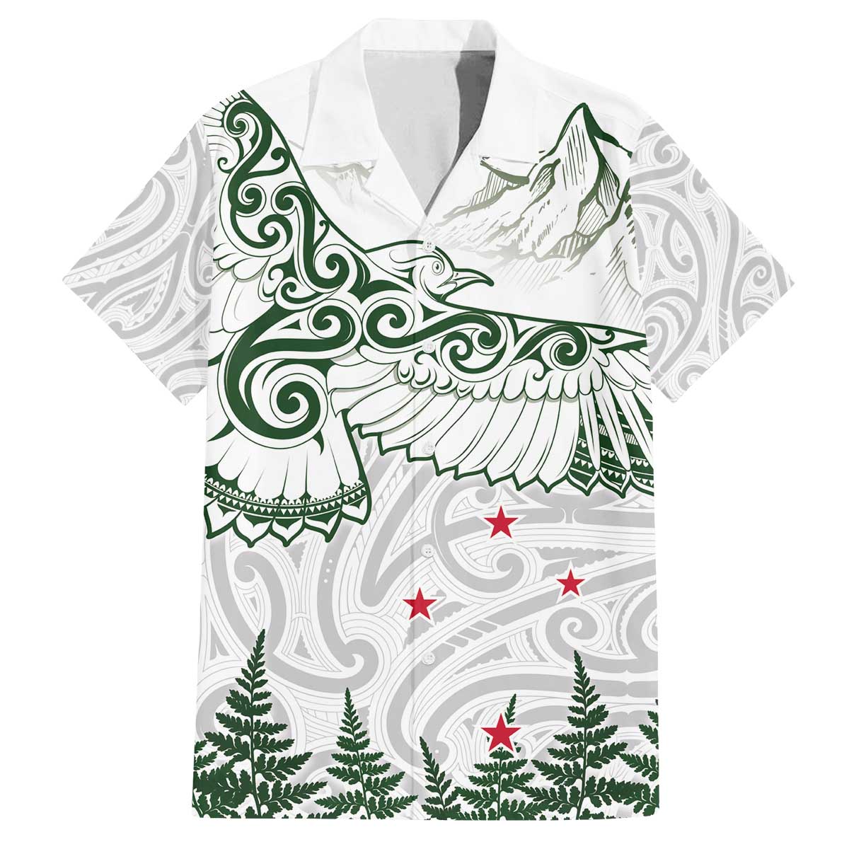 New Zealand Kea Bird Family Matching Off Shoulder Short Dress and Hawaiian Shirt Maori Tattoo and Silver Fern Green Color