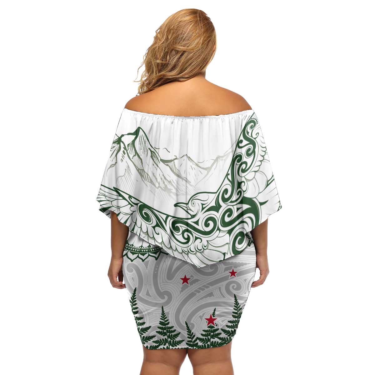 New Zealand Kea Bird Family Matching Off Shoulder Short Dress and Hawaiian Shirt Maori Tattoo and Silver Fern Green Color