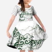 New Zealand Kea Bird Family Matching Puletasi and Hawaiian Shirt Maori Tattoo and Silver Fern Green Color LT03 Daughter's Dress White - Polynesian Pride