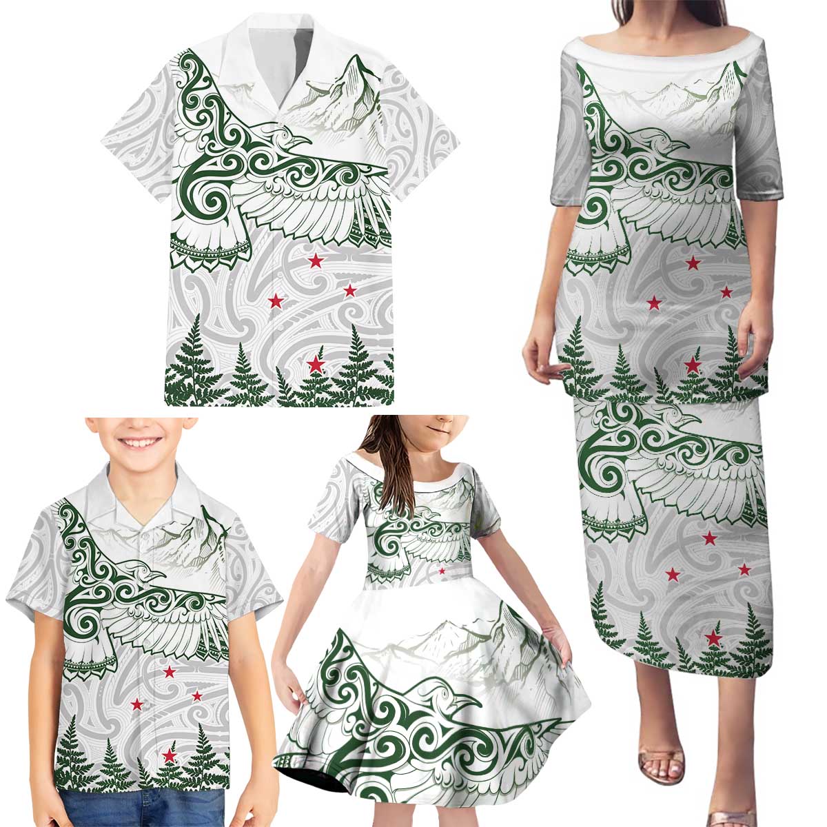 New Zealand Kea Bird Family Matching Puletasi and Hawaiian Shirt Maori Tattoo and Silver Fern Green Color LT03 - Polynesian Pride